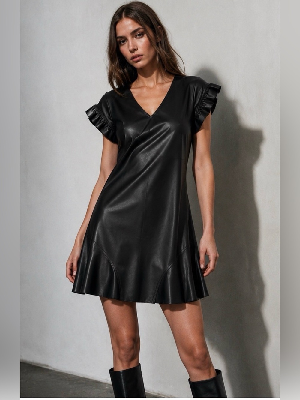 Sedge Brand Faux Leather Ruffle Sleeve Dress